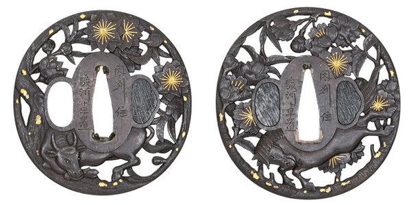 大小鍔 因州住駿河卓置 桜花馬牛図 特別保存刀装具鑑定書