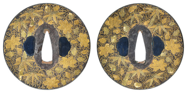 鍔 無銘 阿波献上 根笹鉄線唐草図鍔 特別保存刀装具鑑定書