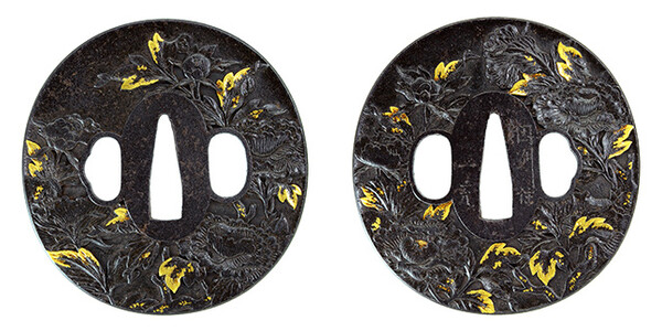 鍔 銘 因州住一充 牡丹図鍔 特別保存刀装具鑑定書