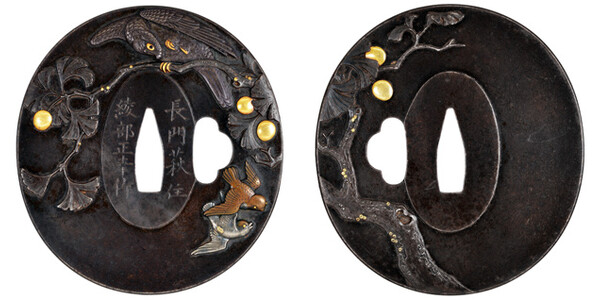 鍔 長門萩住 綾部正幸作 銀杏猛禽狙鳥図鍔 保存刀装具鑑定書