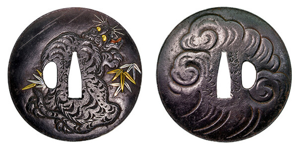 鍔 銘 遊洛斎赤文 安政二年東翁 竹虎図 特別保存刀装具鑑定書