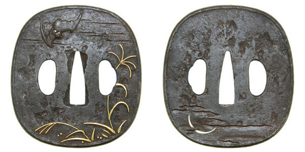 鍔 無銘 東龍斎系 夜の蝙蝠之図鍔 保存会鑑定書