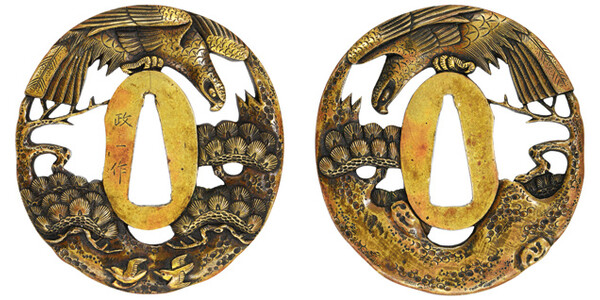 鍔 銘 政一作 松樹猛禽透鍔 保存刀装具鑑定書