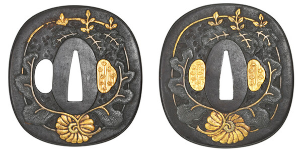 大小鍔 無銘 江戸肥後 菊桐図 保存刀装具鑑定書