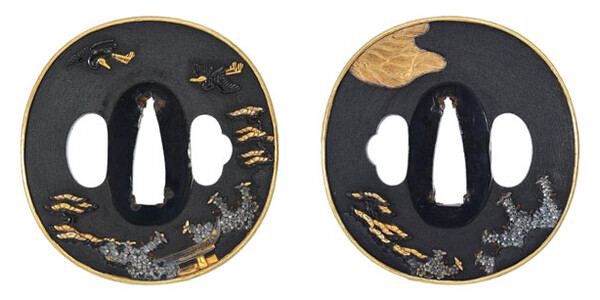 鍔 無銘 加賀金工 社頭二羽鶴図鍔 特別保存刀装具鑑定書