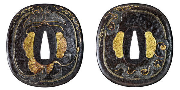 鍔 無銘 熊谷派 菊唐草蝶図鍔 保存刀装具鑑定書