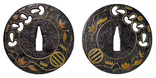 鍔 無銘 平安城象嵌 茸透紋様散唐草図鍔 保存刀装具鑑定書