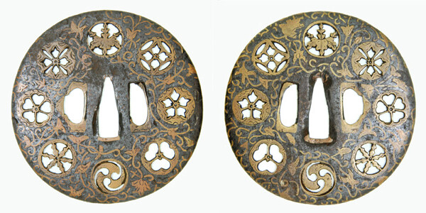 鍔 無銘 与四郎 武鑑散透真鍮平安城象嵌鍔 保存刀装具鑑定書