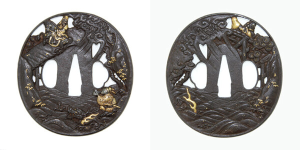 鍔 無銘 京正阿弥 黄石公張良図透鍔 保存刀装具鑑定書