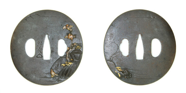 鍔 銘 弘義 花押 藁束に雀図鍔 保存刀装具鑑定書