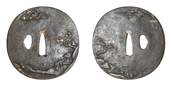 鍔 銘 肥州住家廣 海辺浅蜊漁図