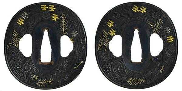 鍔 無銘 古金工 菊水群鳥図鍔 保存刀装具鑑定書