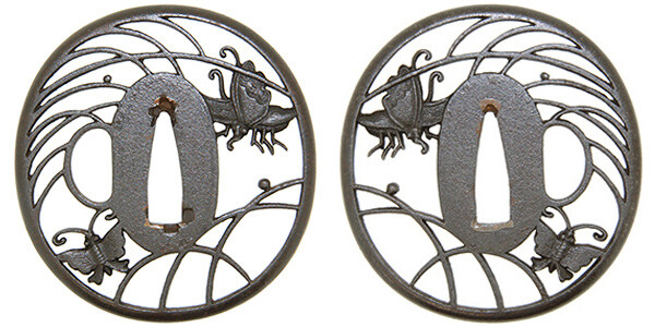 鍔 無銘 武州 薄に蝶透鍔 保存刀装具鑑定書