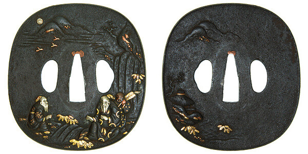 鍔 無銘 会津正阿弥 瀑下清談図鍔 保存刀装具鑑定書