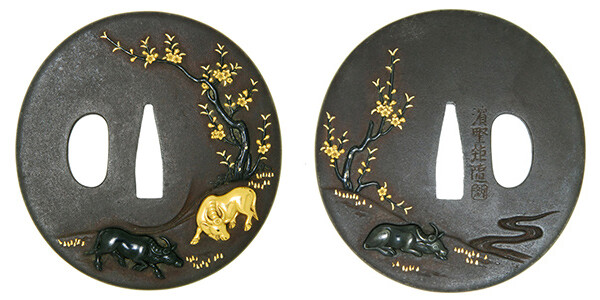 鍔 銘 浜野矩随(印) 花牛図鍔 特別保存刀装具鑑定書