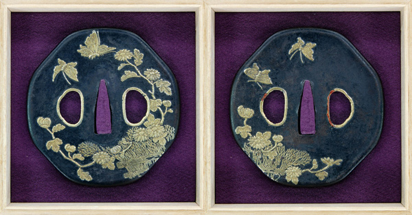日本刀 中鍔 金、真鍮象嵌 花と風景 2枚セット - 工芸品