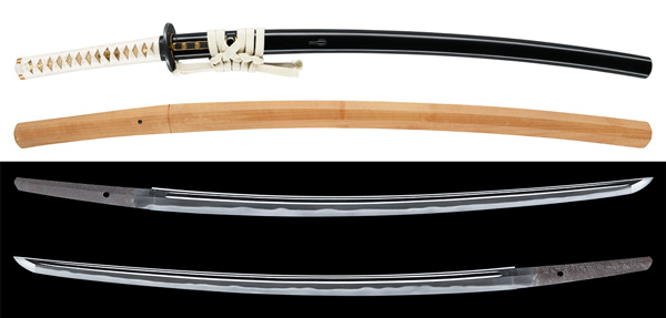 刀 播州手柄山麓藤原氏繁精鍛作 附 黒蝋色塗鞘打刀拵 保存刀剣鑑定書の販売