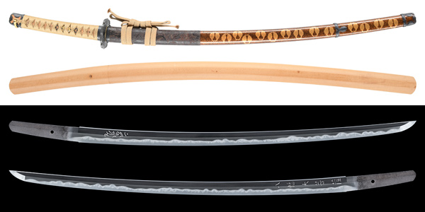 刀 備前国住長船二郎左衛門尉藤原勝光 永正三年八月吉日 附 金梨地家紋散鞘半太刀拵 特別保存刀剣鑑定書 末古刀最上作 良業物の販売