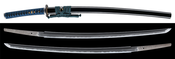 刀 津軽住人義信造之 昭和廿年五月日 黒蝋色塗鞘打刀拵入