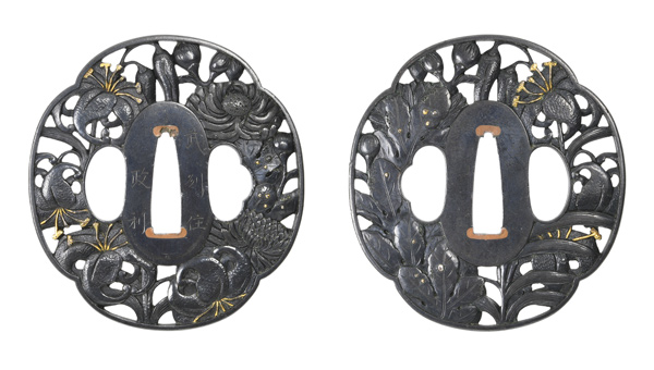 鍔 銘 武州住政利 百合菊花図鍔 特別保存刀装具鑑定書の販売